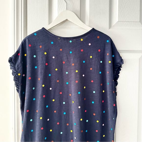 Boden Faye Navy Blue Ruffle Trim Multi Colored Polka Dot T Shirt Dress 12R J0900 - Picture 6 of 13